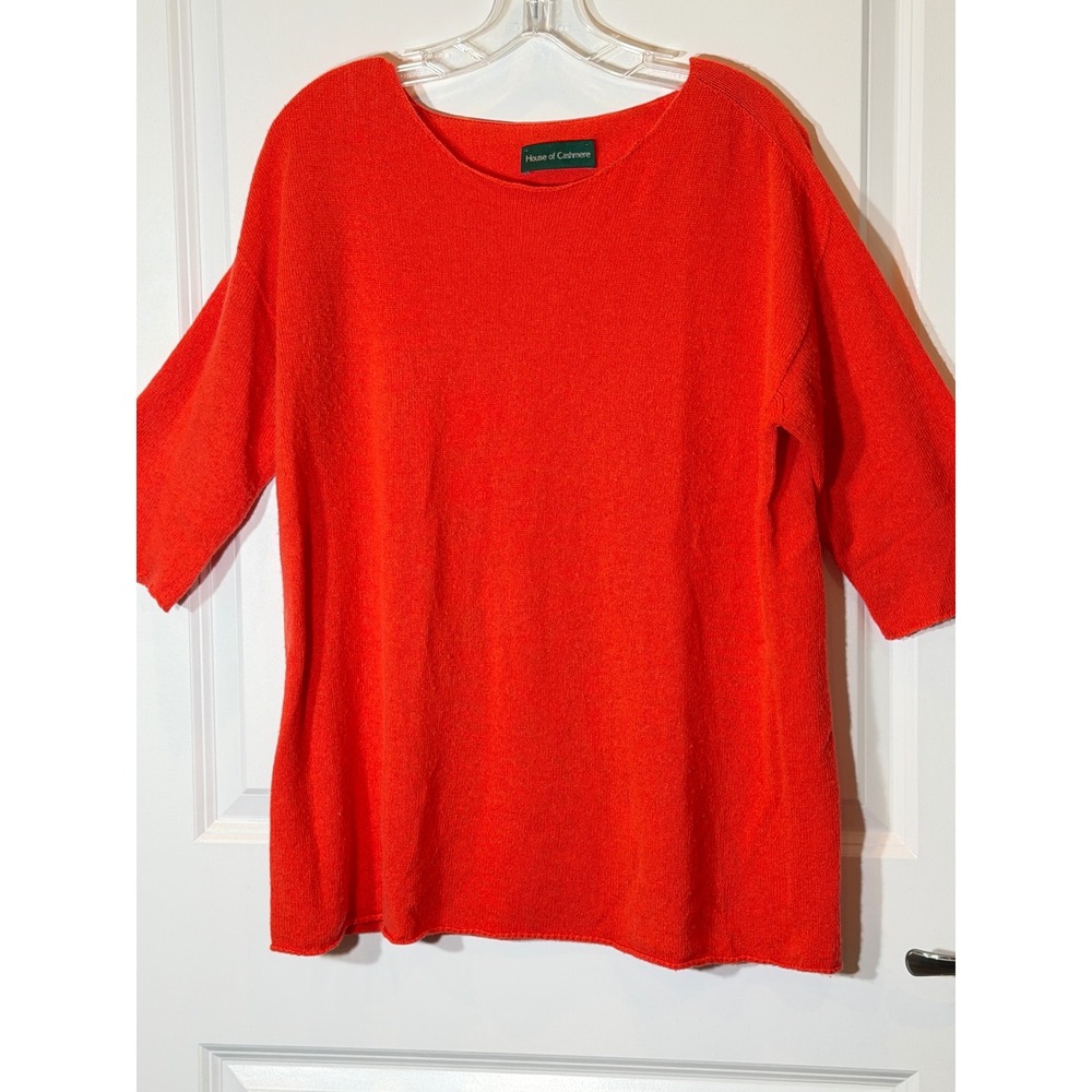 House of Cashmere Orange 100% Cashmere 3/4 Sleeve Sweater Size S Made in Italy